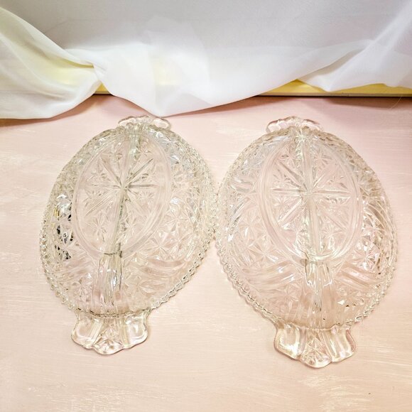 Stars & Bars, aka 1000 Lines 2pc Clear Glass Divided Relish/Serving Dishes - Picture 6 of 8
